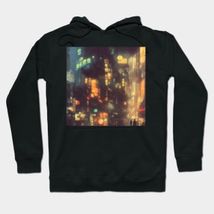 Urban Atmosphere Artistry - Moody Anime Noir Cinematic Japanese Cityscape Hoodie